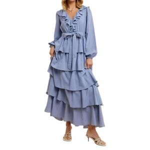 NEW KNIT & LOUNGE tiered ruffle wrap maxi dress in blue